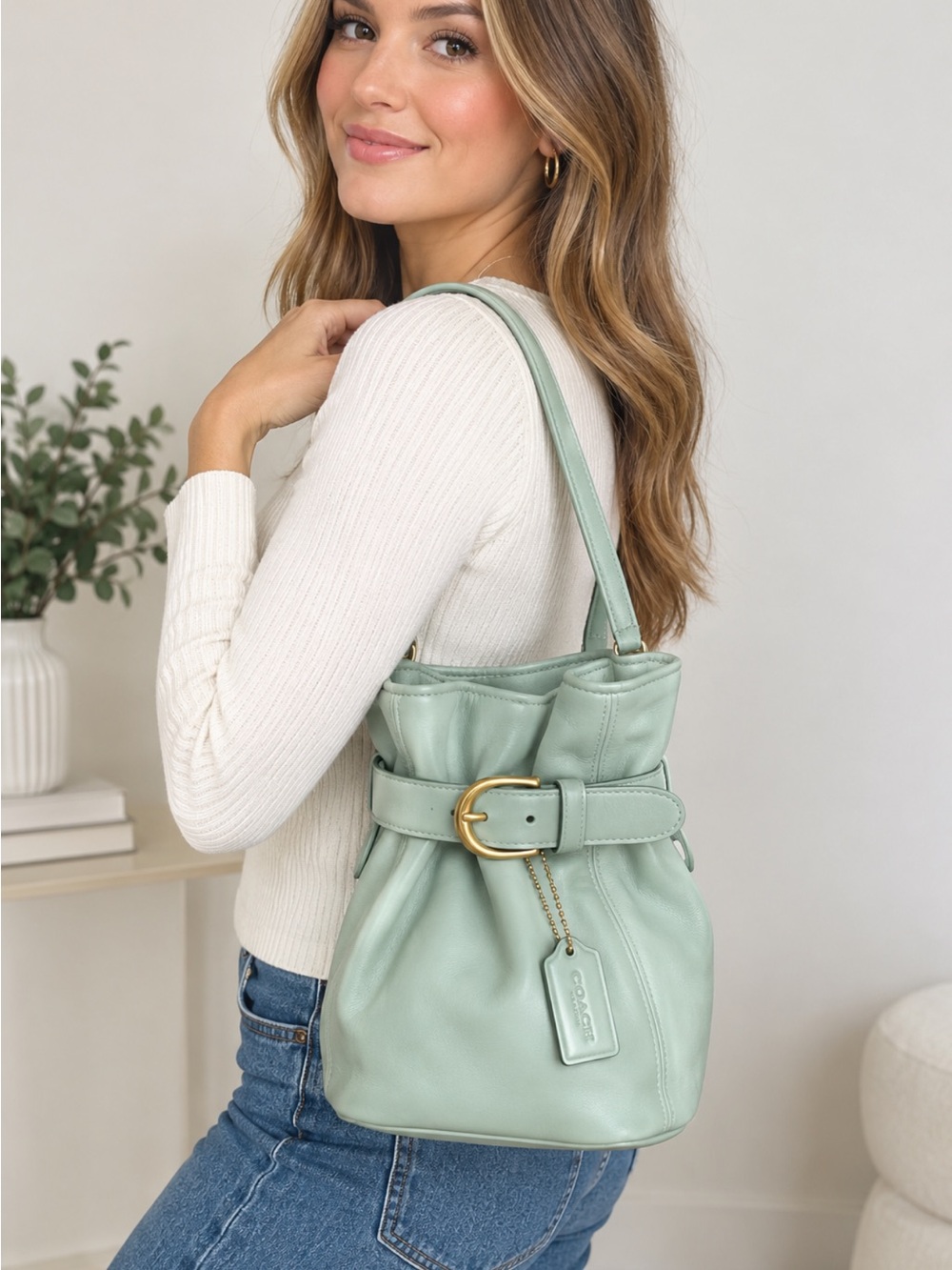 Coach VINTAGE Mint Green Leather Bucket Bag with Gold Buckle